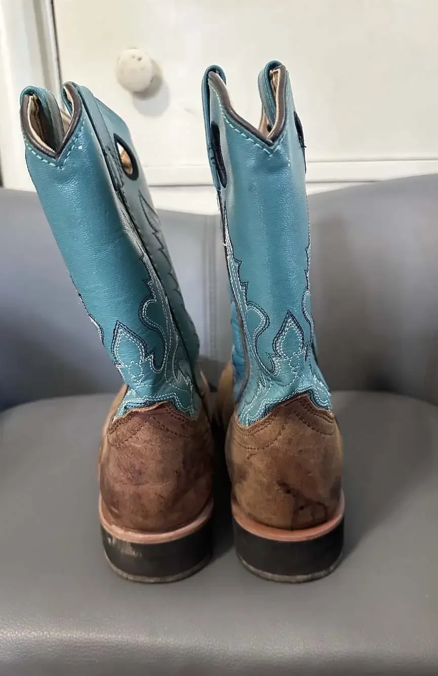 Smoky Mountain Kids' Square Toe Brown Oiled Distress/Turquoise Cowboy Boots 5